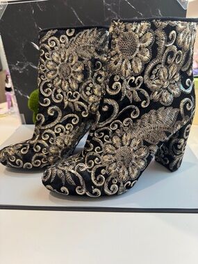 Beautiful  Black Embroidered Floral Ankle Boots - Women's